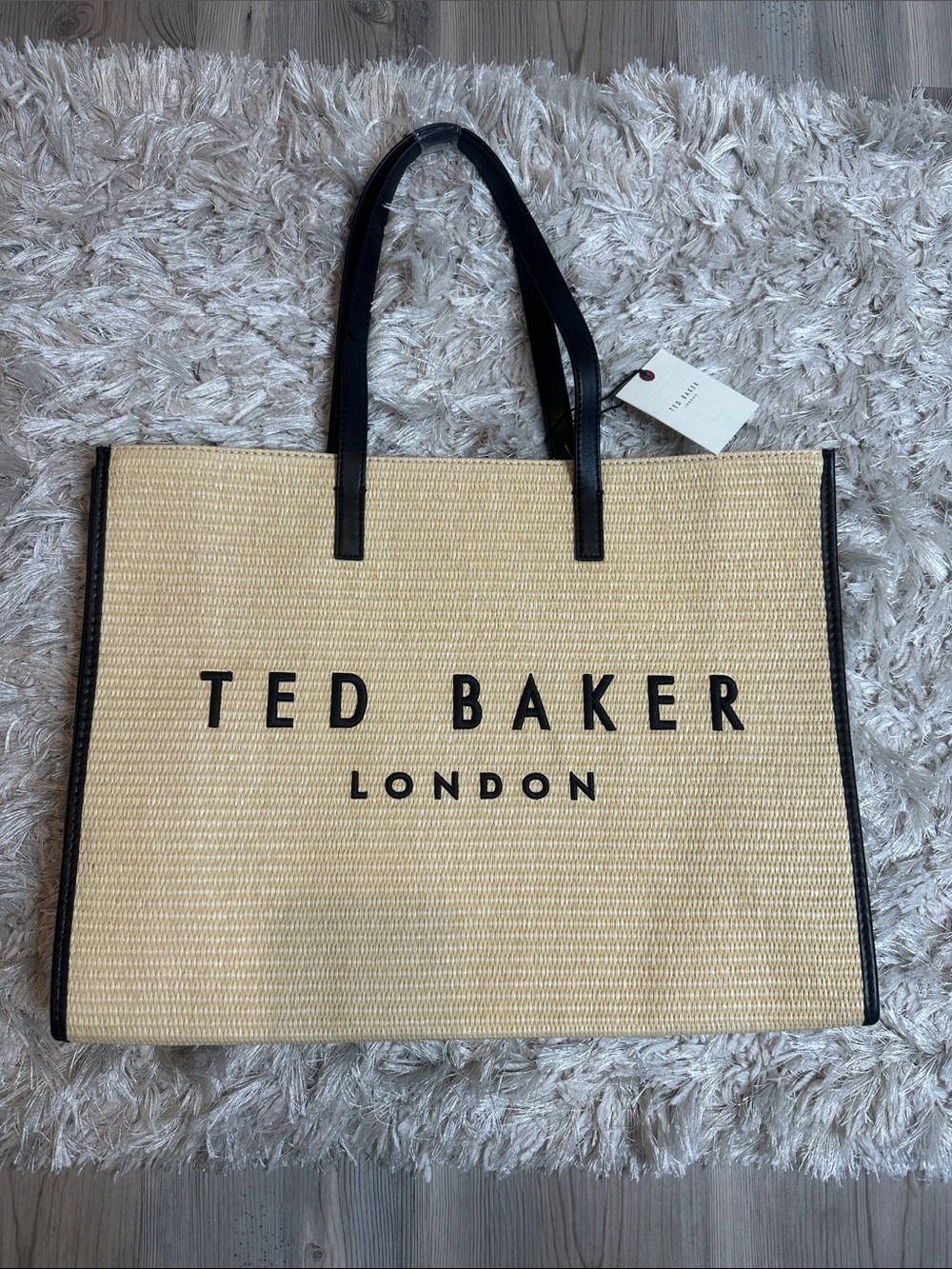 🆕NWT Ted Baker Natural Straw Tote with Black Trim and Handles - Picture 3 of 16